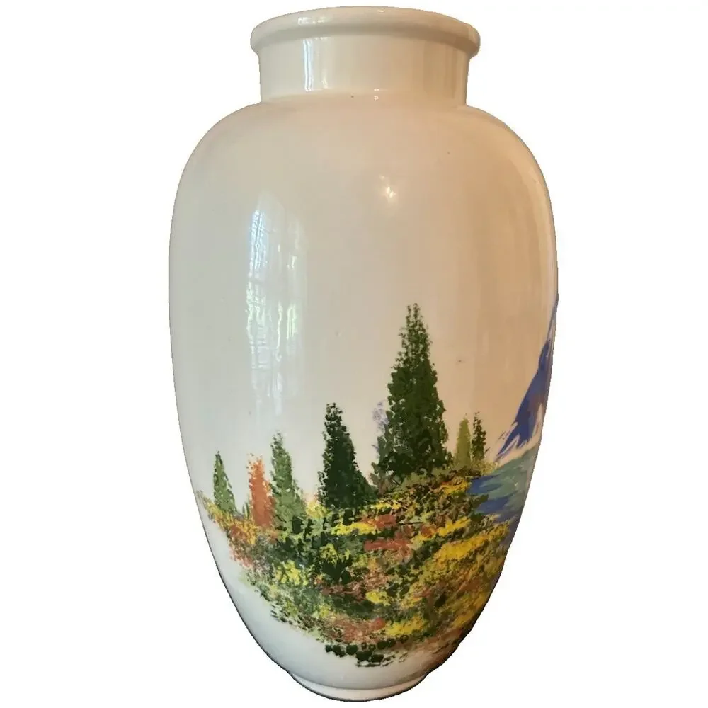 Vtg Hand-Painted Eggshell Porcelain 9.5” Vase Raised Mountain River Landscape